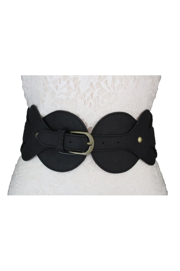 Women Fashion Belt Wide Black Elastic Hip High Waist Gold Metal Buckle Studs S M