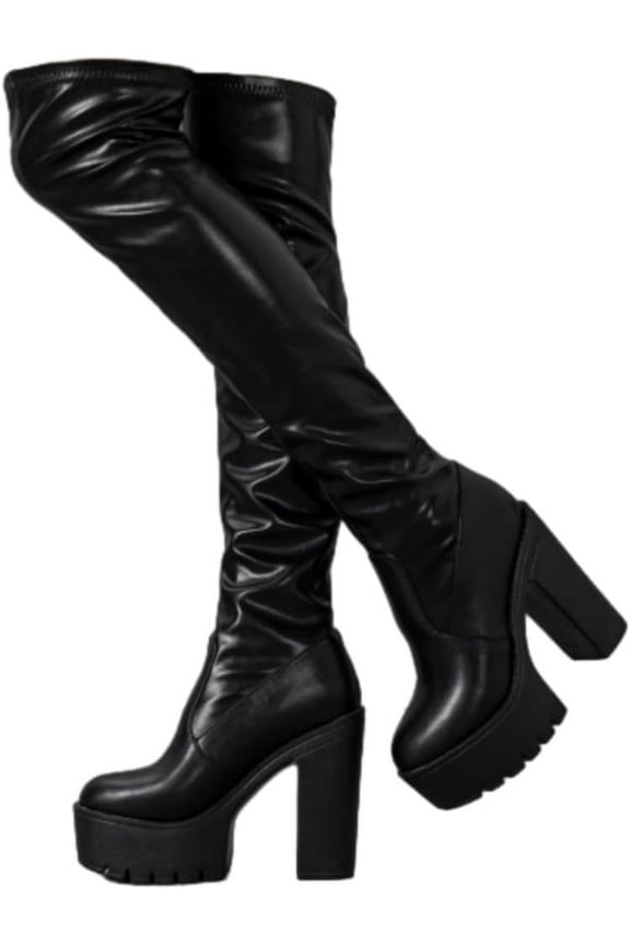 Women Fashion Black Thigh High Boots Pu Leather Over The Knee High Boots Platform Chunky Block Heel Stretch Boots Stretch Go-Go Boot Party Boots