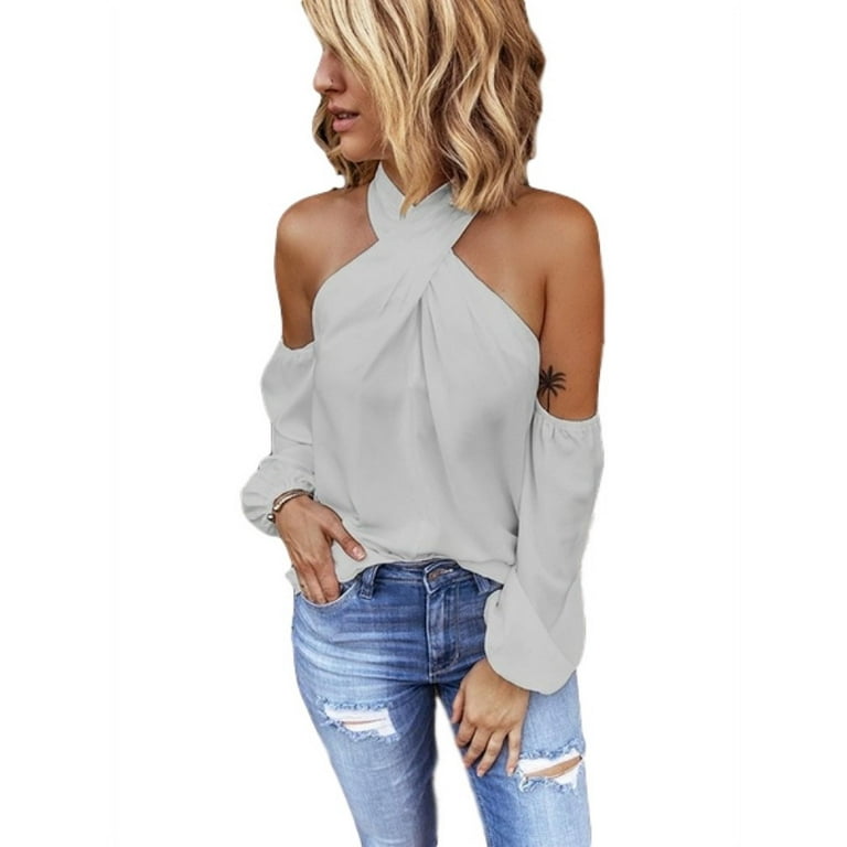 Halter solid off shoulder long sleeve blouses new arrivals