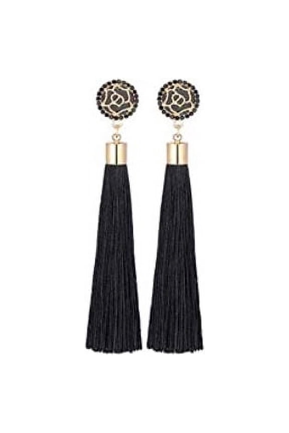 Women Fashion Bohemian Earrings Jewelry Long Tassel Fringe Boho Hoop Drop Dangle Super Long Funky Tassel Chandelier Dangle Black