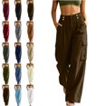 thumbnail image 1 of Women Fashion Cargo Wide Leg Pants Linen-Like Back Elastic Waist Button Zip Multiple Pockets Loose Trousers, 1 of 9