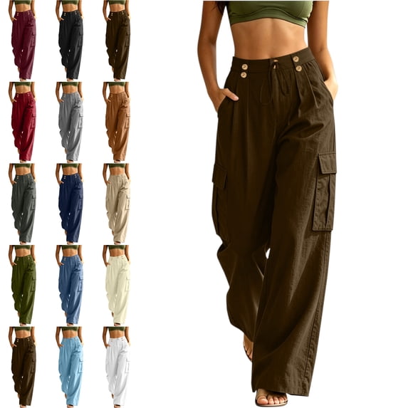 Women Fashion Cargo Wide Leg Pants Linen-Like Back Elastic Waist Button Zip Multiple Pockets Loose Trousers