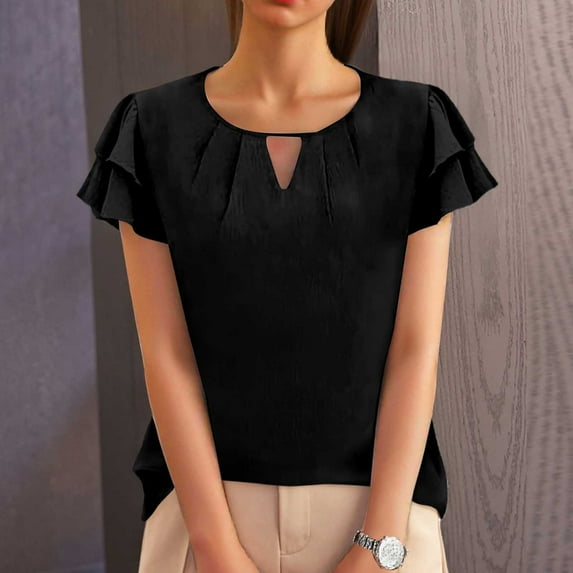 Women Fashion Casual Business Work Shirt Round Neck Short Sleeved Pleated Sleeve Cute Top Apparel Short Athletic Shirts Pack Women Women's Tees Lose Women Shirts And Shirt Women Swim Tee Short Long