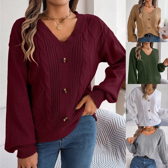 Women Fashion Casual Button Long Sleeve V-Neck Keeping Warm Outing Sweater Gray qILAKOG Size S