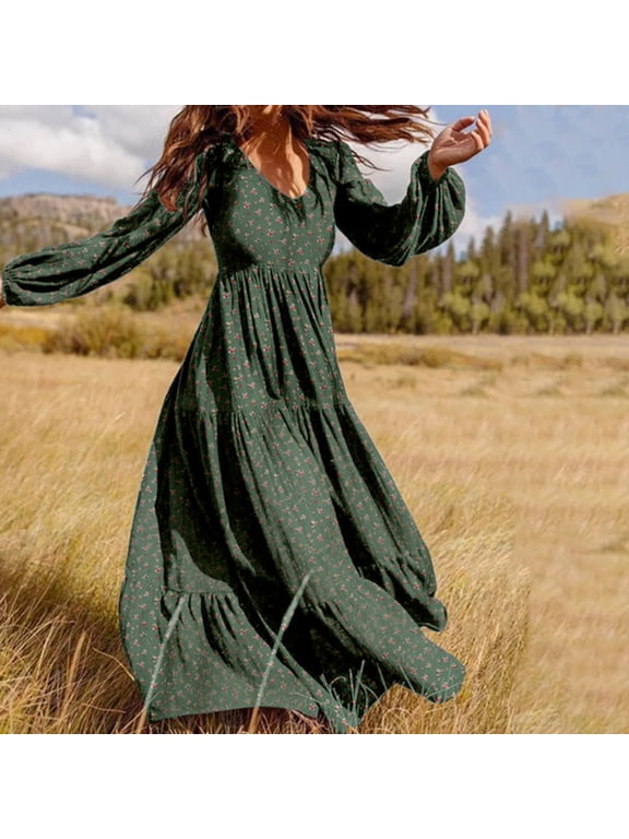 Women Fashion Casual Chiffon Hedging V-neck Large Pendant Long Sleeve Floral Dress