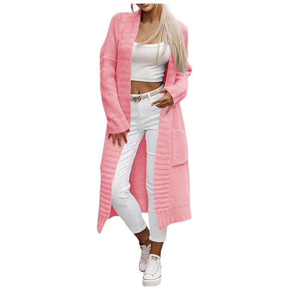 Women Fashion Casual Comfort Solid Pocket Long Cardigan Knitted Sweater Coat Top