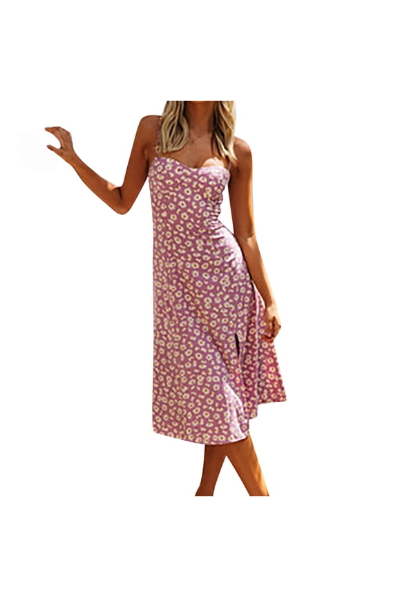 Women Fashion Casual Flower Printing Slim Beach Halter Straps Dress Suspender Spring Summer Dresses For Women Pink M