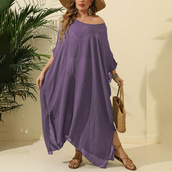 Women Fashion Casual Large Size Solid Color Loose Beach Cover Up Dress Long Slit Floor Length Holiday Resort Wear Summer Outfit
