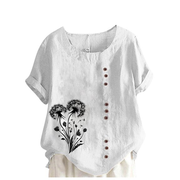 Women Fashion Casual Linen Printed Short Sleeve Button T-shirt Blouse
