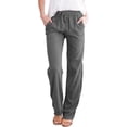 thumbnail image 1 of Women Fashion Casual Loose Pants Plus Size Cotton Linen Solid Mid Elastic Waist Pockets Long Straight Leg Pants, 1 of 5