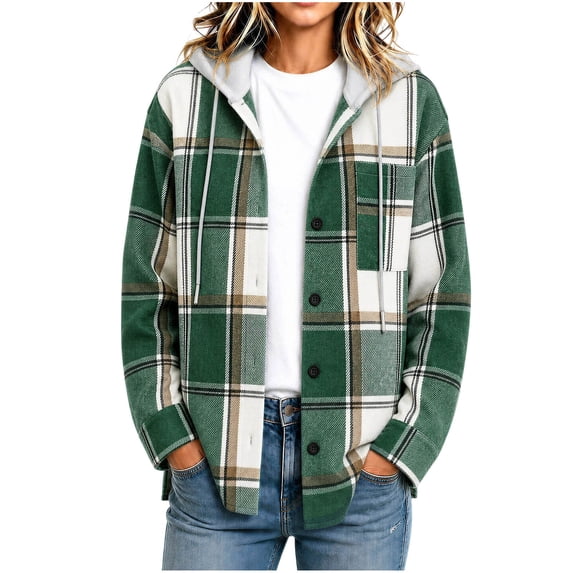 Women Fashion Casual Plaid Button Hooded Long Sleeve Cardigan Coat With Pocket