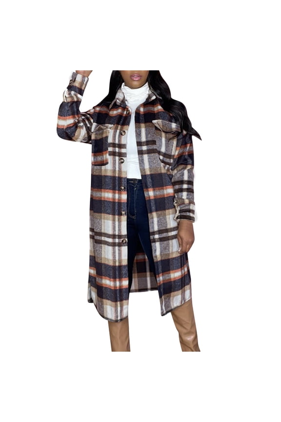 Women Fashion Casual Plaid Print Outwear Winter Long Sleeve Lapel Long Jacket Trench Coat With Mauve Jacket winter clothing for women