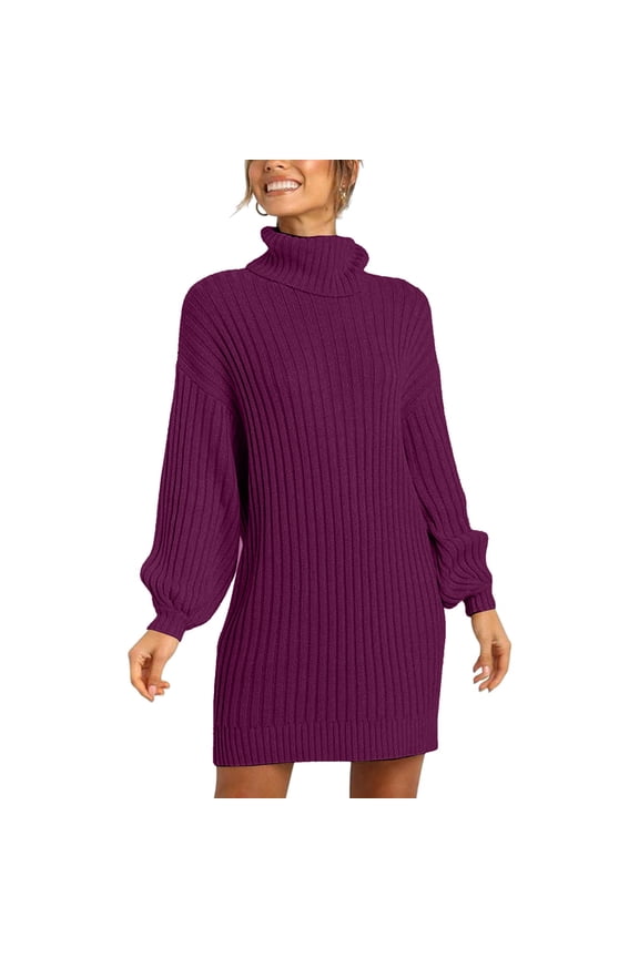Women Fashion Casual Solid Long Sleeve Sweater Dress Turtleneck Sweater Pullover Dress Winter Date Night Dress Dress Women Long Petite Dresses for Leggings Sweater Dress Long Sweater Dresses for Women