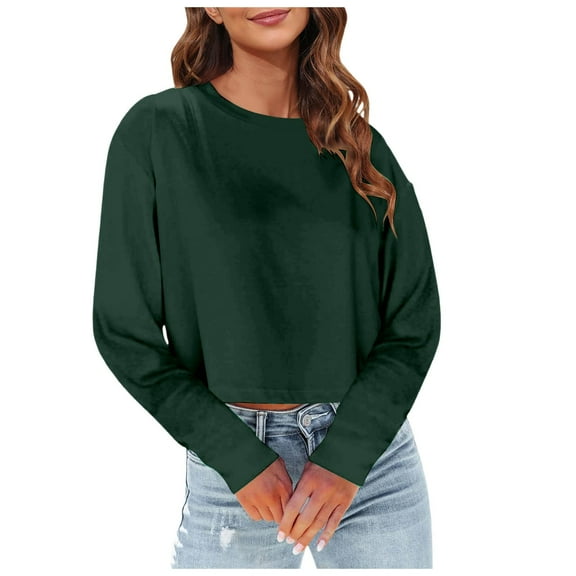 Women Fashion Casual Solid Round Neck Long Sleeve Sexy Crop T Shirt Top