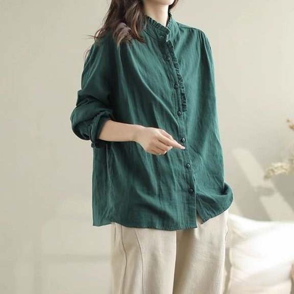 Women Fashion Casual Spring And Summer And Linen Long Sleeve Patchwork Clothes With Wooden Ear Edge Shirt Top Cardigan V Neck Workout Shirt Women Modern Shirts for Women Business Casual Shirt Women