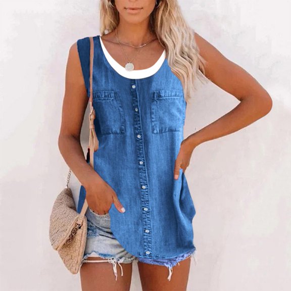 Women Fashion Casual Tank Top Solid Color O-Neck Sleeveless Shirt Splice Vest Fashion Button Shirt Top 3x plus Top Fitness Top Girl Workout Too Band Tops for Women Atmosphere Top All Womens 6x Top