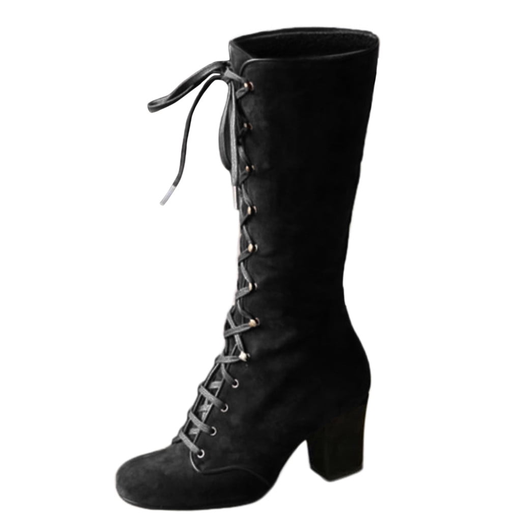 Women Fashion Casual Vintage Retro MidCalf Boots Lace Up Thick Heels