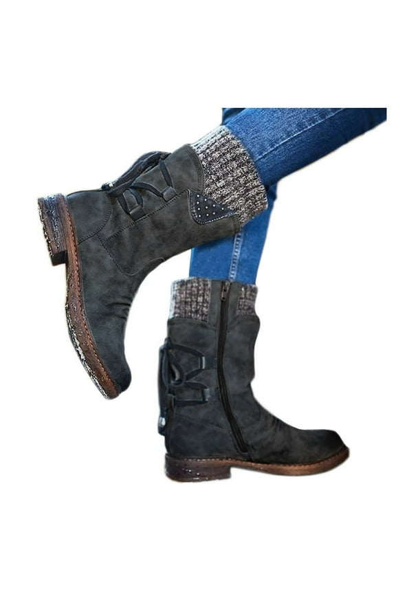 Women Fashion Casual Vintage Snow Boots for Women Slip on Retro Mid-Calf Boots Lace Womens Snow and Ice Boots Up Thick Heels Shoes