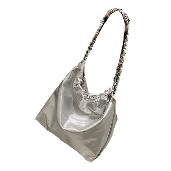 Women Fashion Chain Strap Single Shoulder Bag Ruched Large Capacity Bag for Commuting Shopping Silver Free Size
