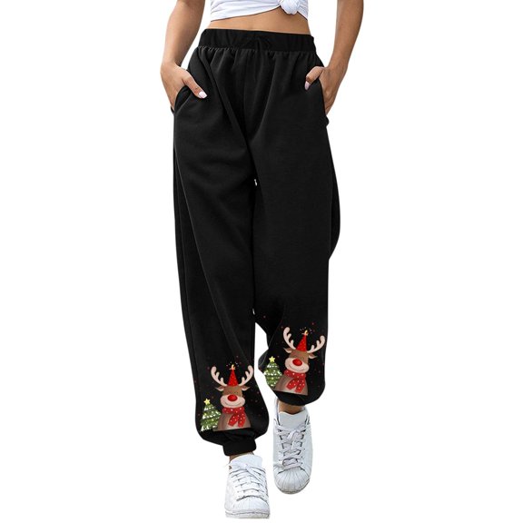 Women Fashion Christmas Print Bottom Sweatpants Pockets High Waist Sporty Gym Athletic Fit Jogger Pants Trousers