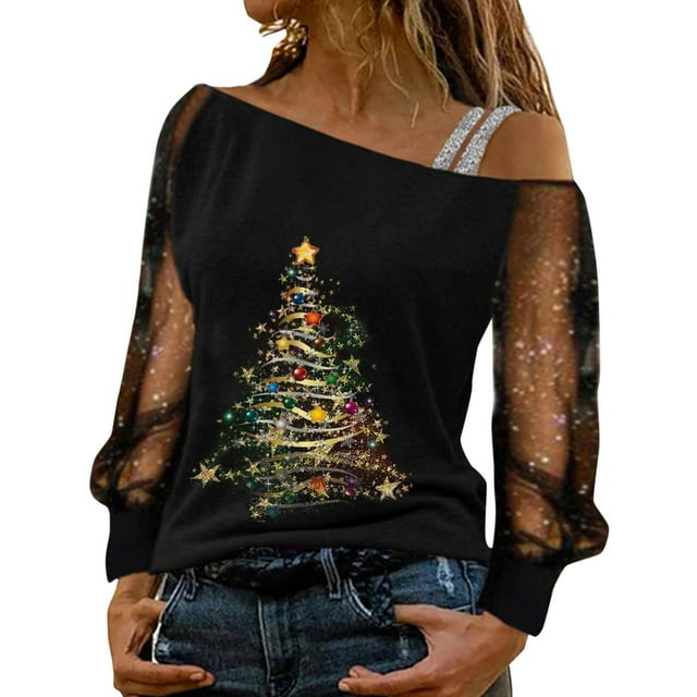 Women Fashion Christmas Print Cold Shoulder T Shirt Mesh Long Sleeve ...