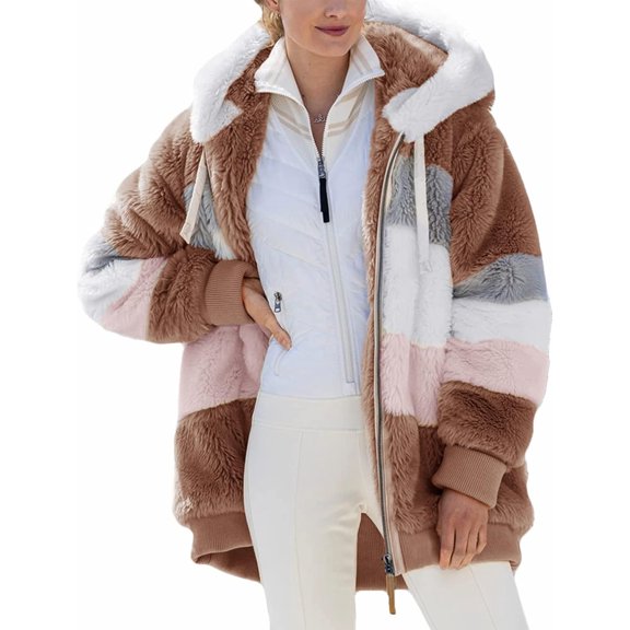Women Fashion Color Block Faux Shearling Coat Warm Hooded Zip Up Fuzzy Winter Jacket with Pockets