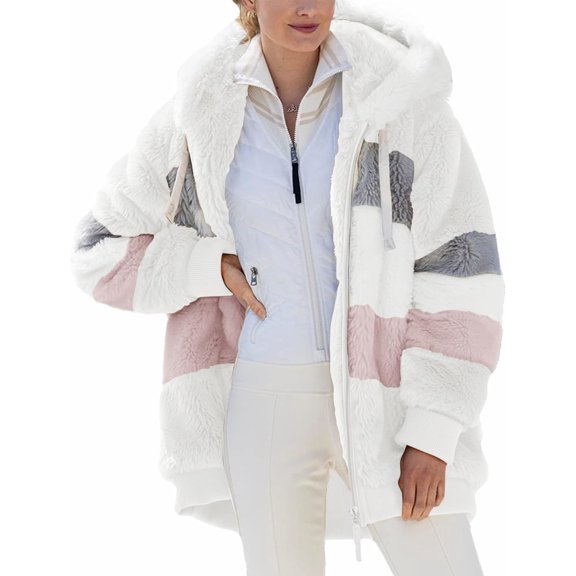 Women Fashion Color Block Faux Shearling Coat Warm Hooded Zip Up Fuzzy Winter Jacket with Pockets