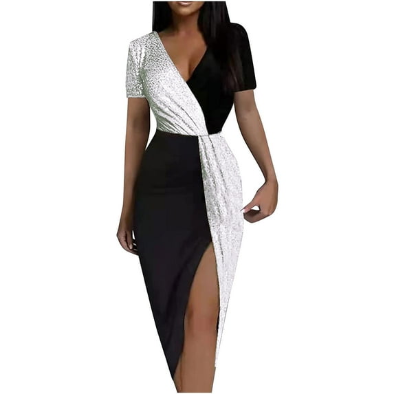 Women Fashion Colorblock Sequins Bodycon Dress Short Sleeve V Neck T Shirt Dresses Split Midi Evening Party Dress