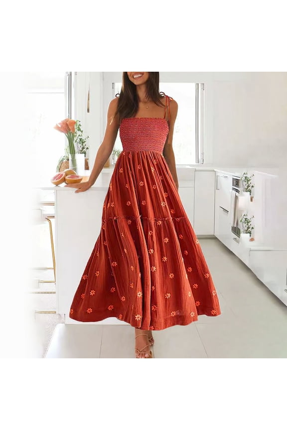 Women Fashion Comfortable Sleeveless Sunflower Embroidered A Line Swing Dress Knee Length Summer Dresses Summer Dresses for Women plus Casual Summer Clothes for Women Summer Dresses for Work Long
