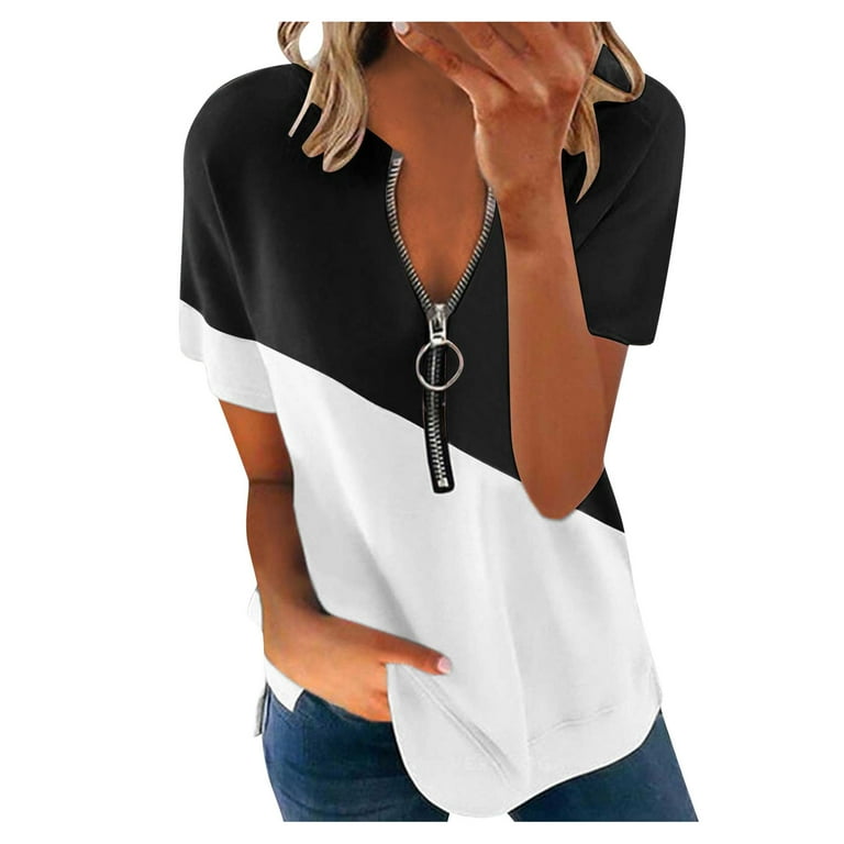Women Fashion Contrast Color Print Short Sleeves Casual Blouse T