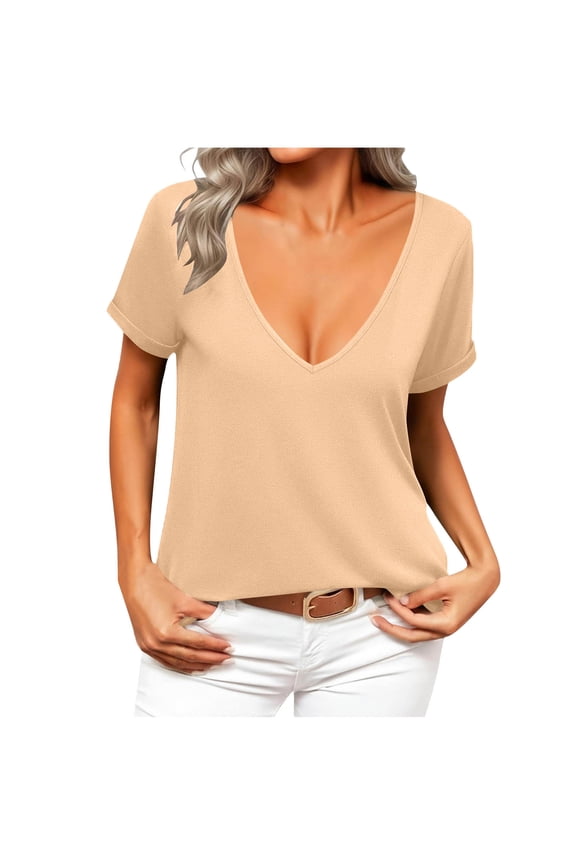Women Fashion Deep V-Neck Short Sleeve Tops Solid Casual Loose Basic T Shirt