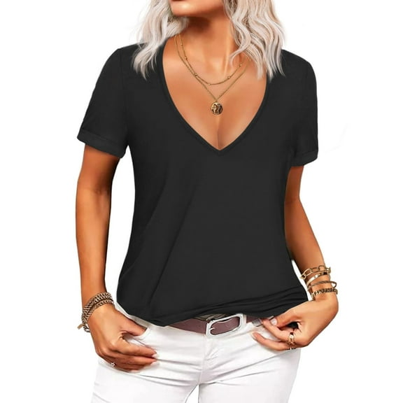 Women Fashion Deep V-Neck Short Sleeve Tops Solid Casual Loose Basic T Shirt