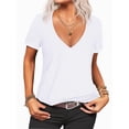 thumbnail image 1 of Women Fashion Deep V-Neck Short Sleeve Tops Solid Casual Loose Basic T Shirt, 1 of 5