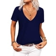 thumbnail image 1 of Women Fashion Deep V-Neck Short Sleeve Tops Solid Casual Loose Basic T Shirt, 1 of 5
