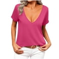 thumbnail image 1 of Women Fashion Deep V-Neck Short Sleeve Tops Solid Casual Loose Basic T Shirt, 1 of 4