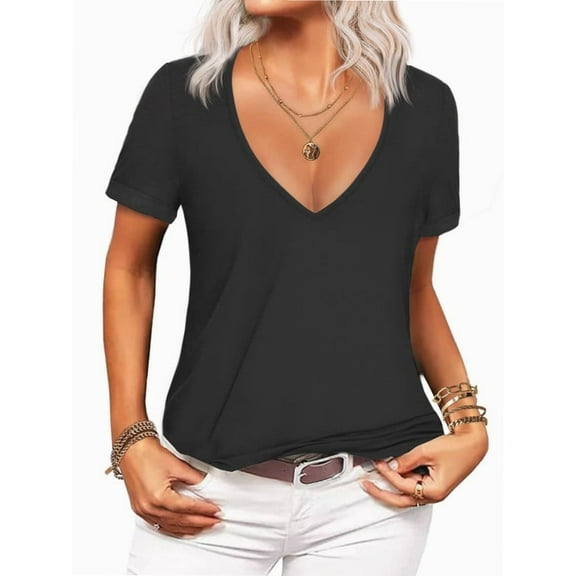 Women Fashion Deep V-Neck Short Sleeve Tops Solid Casual Loose Basic T Shirt