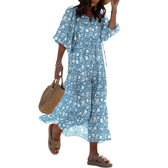 Women Fashion Dress Boho Print V Neck Strap Loose Half Sleeve Long Casual Holiday Dress Blue XXL