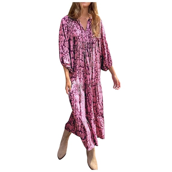 Women Fashion Dress Boho Print V Neck Strap Loose Half Sleeve Long Casual Holiday Dress Pink XL