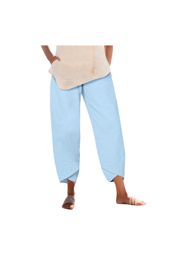 Women Fashion Elastic Waist Pant With Pocket Loose Harem Pants Printed Crop Pants