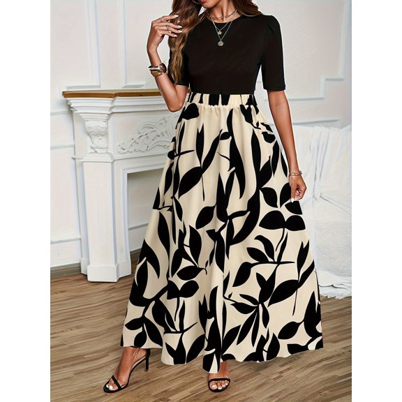 Women Fashion Elastic Waist Printed Long A-line Skirt Summer High-end Temperament Commuting Drape Pleated Skirt for Women's Size S