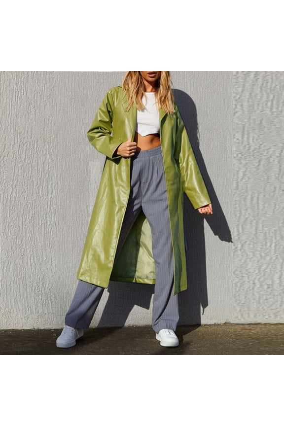 Women Fashion Elegant Solid Color Turn Back Collar PU Leather Outerwear Temperament Casual Versatile Windbreaker Jacket Lightweight Rain Jacket for Women Junior Rain Coats Jacket Travel Women Warm