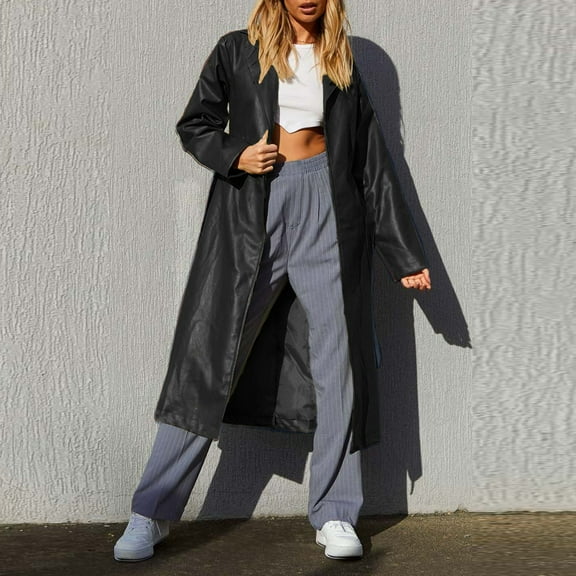 Women Fashion Elegant Solid Color Turn Back Collar PU Leather Outerwear Temperament Casual Versatile Windbreaker Jacket Womens Skit Jacket Boiled Wool Coats for Women Winter Lapel Coats for Women