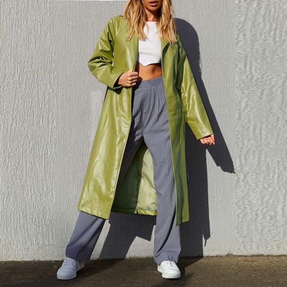 Women Fashion Elegant Solid Color Turn Back Collar PU Leather Outerwear Temperament Casual Versatile Windbreaker Jacket Womens Skit Jacket Boiled Wool Coats for Women Winter Lapel Coats for Women