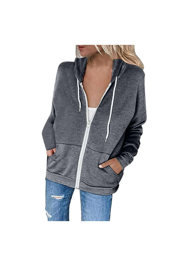 Women Fashion Essentials Full Zip Hoodie Casual Hooded Slim Zipper Fleece Sweater Coat Comfort Colors Sweatshirts Fall Clothes 2024 Fashion Outfits Christmas Promotion