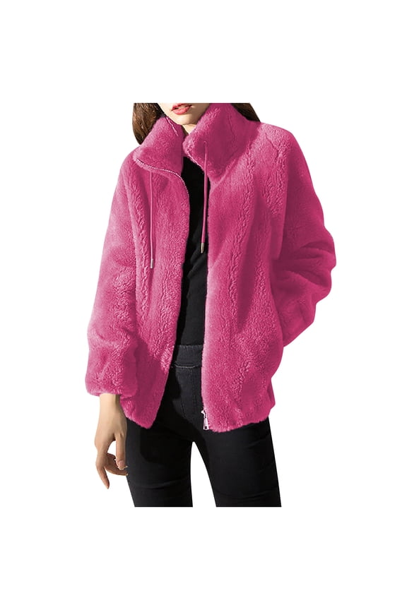 Women Fashion Faux Fur Coat Winter Thermal Warm Jackets Cardigan Overcoat Open Front Standing Collar Fleece Jacket Zip Up Jacket Coats for Women Winter Coats for Girls