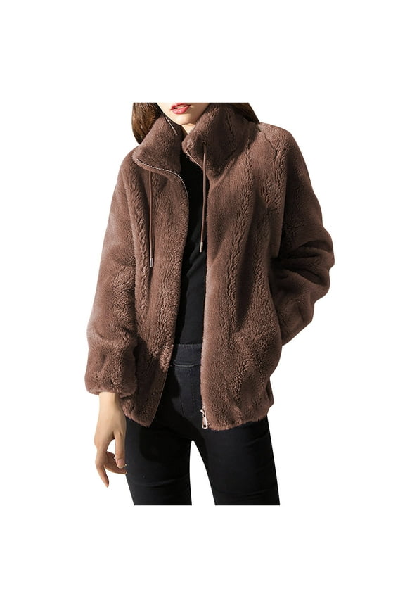 Women Fashion Faux Fur Coat Winter Thermal Warm Jackets Cardigan Overcoat Open Front Standing Collar Fleece Jacket Zip Up Jacket Coats for Women Winter Coats for Girls