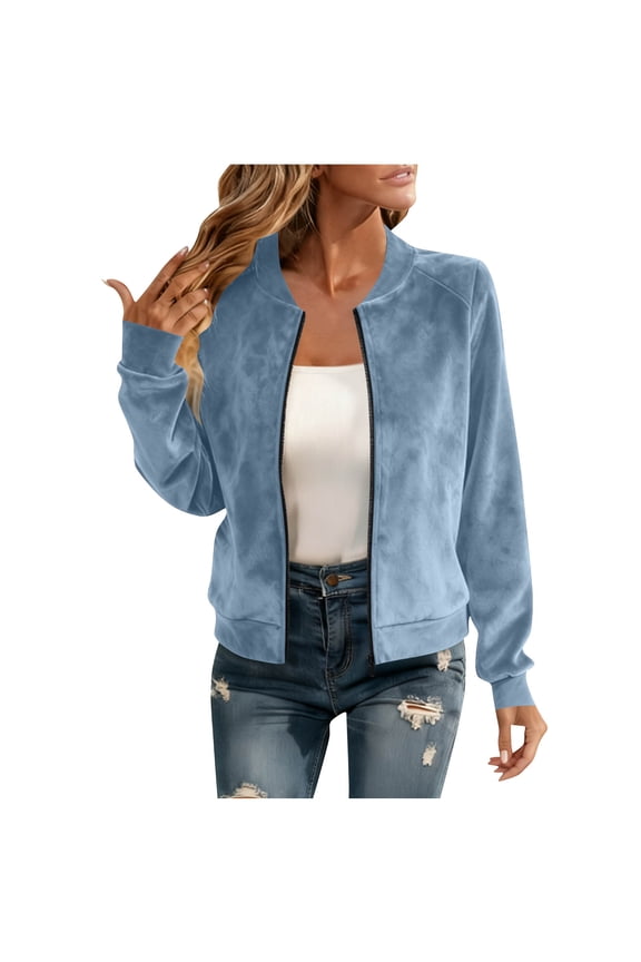 Women Fashion Faux Suede Bomber Jackets Casual Baseball Coat with Ribbed Cuffs Zip Up Jacket Outerwear