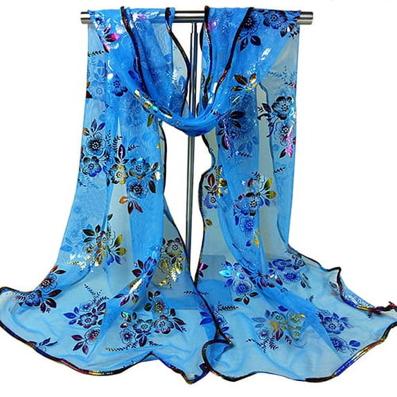 Women Fashion Floral Print Tulle Scarf Long Soft Sheer Hemming Wrap Shawl Stole