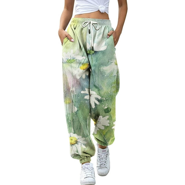 Women Fashion Floral Prints Bottom Sweatpants Pockets High Waist Sports ...