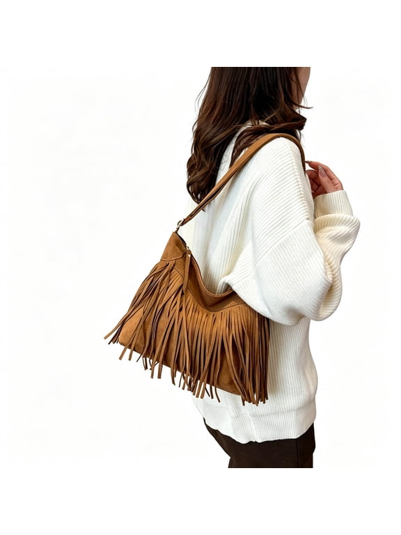 Women Fashion Fringe Purse Crossbody Bags Vegan Suede Hippie Tassel Hobo Shoulder Bag Vintage Handbags